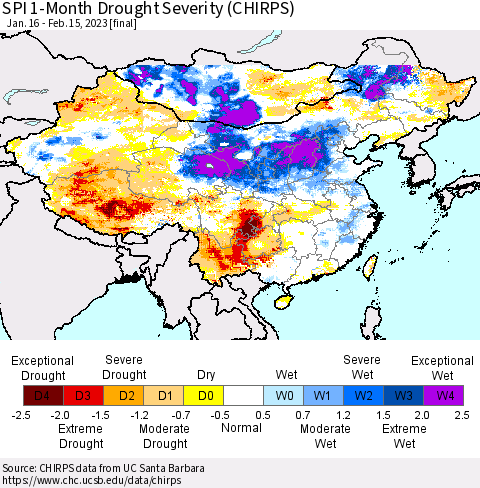 China, Mongolia and Taiwan SPI 1-Month Drought Severity (CHIRPS) Thematic Map For 1/16/2023 - 2/15/2023