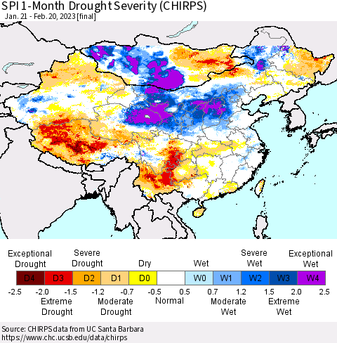 China, Mongolia and Taiwan SPI 1-Month Drought Severity (CHIRPS) Thematic Map For 1/21/2023 - 2/20/2023