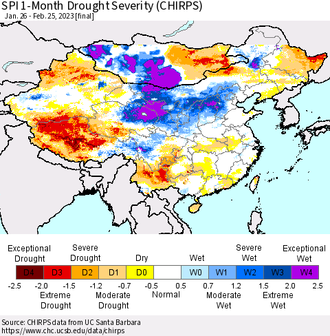 China, Mongolia and Taiwan SPI 1-Month Drought Severity (CHIRPS) Thematic Map For 1/26/2023 - 2/25/2023