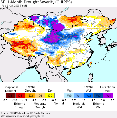 China, Mongolia and Taiwan SPI 1-Month Drought Severity (CHIRPS) Thematic Map For 2/1/2023 - 2/28/2023