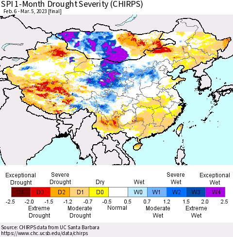 China, Mongolia and Taiwan SPI 1-Month Drought Severity (CHIRPS) Thematic Map For 2/6/2023 - 3/5/2023