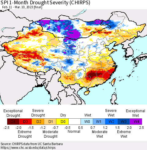 China, Mongolia and Taiwan SPI 1-Month Drought Severity (CHIRPS) Thematic Map For 2/11/2023 - 3/10/2023