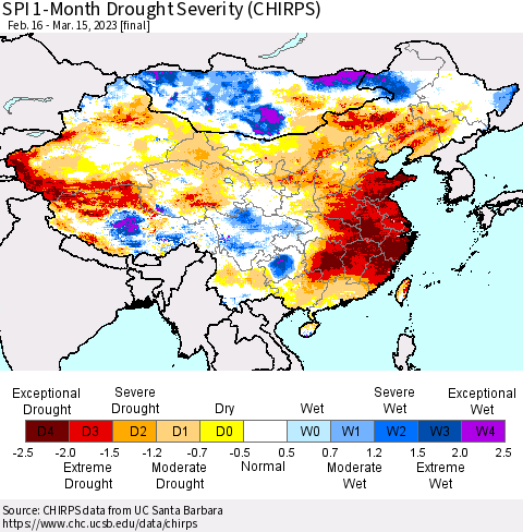 China, Mongolia and Taiwan SPI 1-Month Drought Severity (CHIRPS) Thematic Map For 2/16/2023 - 3/15/2023