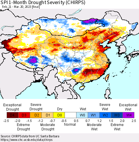 China, Mongolia and Taiwan SPI 1-Month Drought Severity (CHIRPS) Thematic Map For 2/21/2023 - 3/20/2023