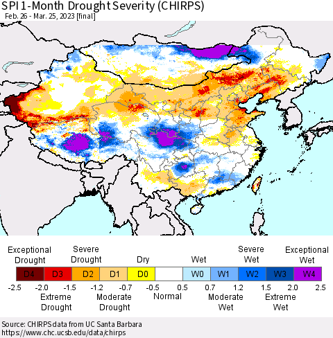 China, Mongolia and Taiwan SPI 1-Month Drought Severity (CHIRPS) Thematic Map For 2/26/2023 - 3/25/2023