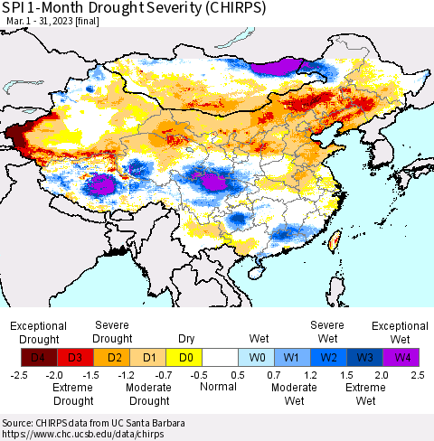 China, Mongolia and Taiwan SPI 1-Month Drought Severity (CHIRPS) Thematic Map For 3/1/2023 - 3/31/2023