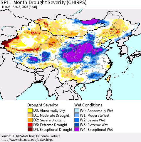 China, Mongolia and Taiwan SPI 1-Month Drought Severity (CHIRPS) Thematic Map For 3/6/2023 - 4/5/2023