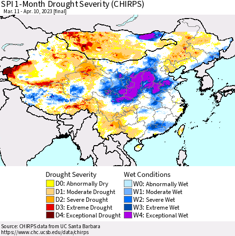 China, Mongolia and Taiwan SPI 1-Month Drought Severity (CHIRPS) Thematic Map For 3/11/2023 - 4/10/2023