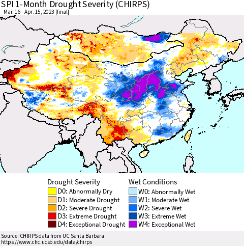 China, Mongolia and Taiwan SPI 1-Month Drought Severity (CHIRPS) Thematic Map For 3/16/2023 - 4/15/2023