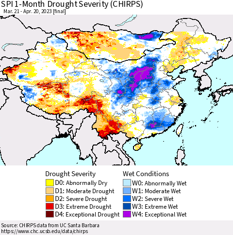 China, Mongolia and Taiwan SPI 1-Month Drought Severity (CHIRPS) Thematic Map For 3/21/2023 - 4/20/2023