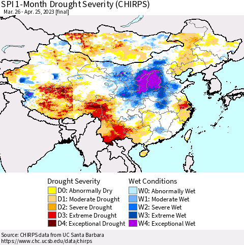 China, Mongolia and Taiwan SPI 1-Month Drought Severity (CHIRPS) Thematic Map For 3/26/2023 - 4/25/2023
