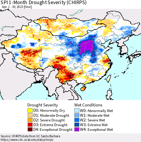 China, Mongolia and Taiwan SPI 1-Month Drought Severity (CHIRPS) Thematic Map For 4/1/2023 - 4/30/2023
