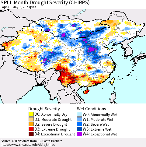 China, Mongolia and Taiwan SPI 1-Month Drought Severity (CHIRPS) Thematic Map For 4/6/2023 - 5/5/2023