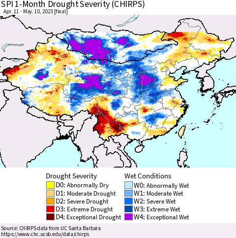 China, Mongolia and Taiwan SPI 1-Month Drought Severity (CHIRPS) Thematic Map For 4/11/2023 - 5/10/2023