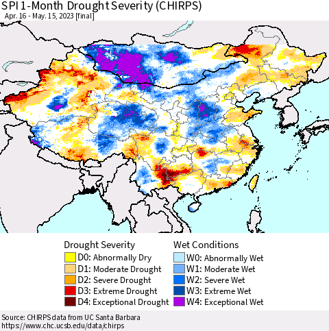 China, Mongolia and Taiwan SPI 1-Month Drought Severity (CHIRPS) Thematic Map For 4/16/2023 - 5/15/2023