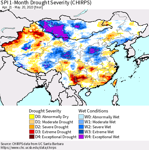 China, Mongolia and Taiwan SPI 1-Month Drought Severity (CHIRPS) Thematic Map For 4/21/2023 - 5/20/2023
