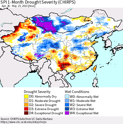 China, Mongolia and Taiwan SPI 1-Month Drought Severity (CHIRPS) Thematic Map For 4/26/2023 - 5/25/2023