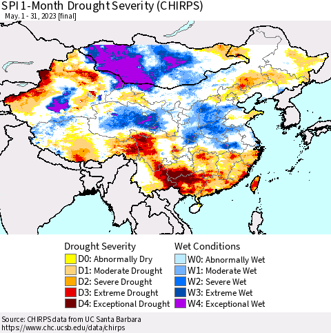 China, Mongolia and Taiwan SPI 1-Month Drought Severity (CHIRPS) Thematic Map For 5/1/2023 - 5/31/2023