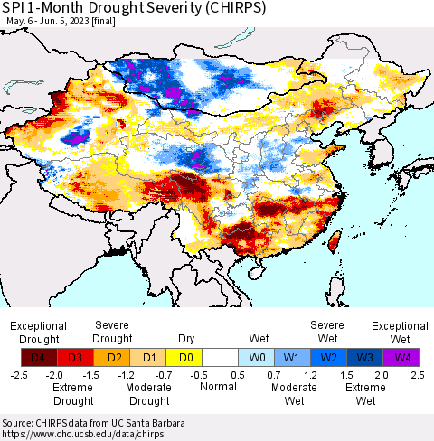 China, Mongolia and Taiwan SPI 1-Month Drought Severity (CHIRPS) Thematic Map For 5/6/2023 - 6/5/2023