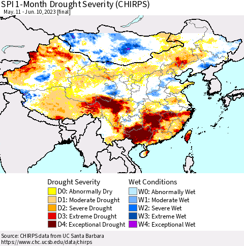 China, Mongolia and Taiwan SPI 1-Month Drought Severity (CHIRPS) Thematic Map For 5/11/2023 - 6/10/2023