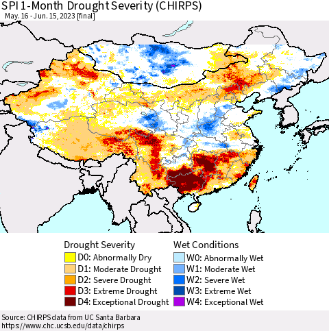 China, Mongolia and Taiwan SPI 1-Month Drought Severity (CHIRPS) Thematic Map For 5/16/2023 - 6/15/2023