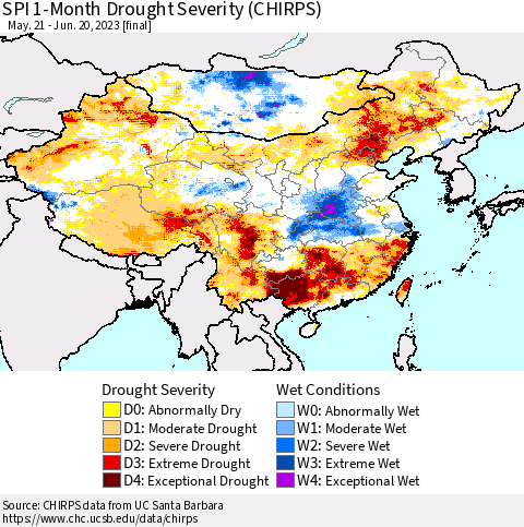 China, Mongolia and Taiwan SPI 1-Month Drought Severity (CHIRPS) Thematic Map For 5/21/2023 - 6/20/2023