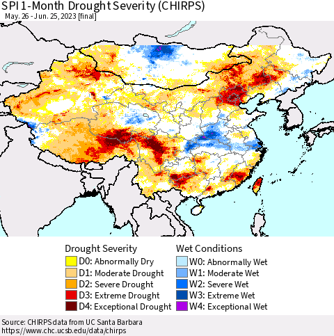 China, Mongolia and Taiwan SPI 1-Month Drought Severity (CHIRPS) Thematic Map For 5/26/2023 - 6/25/2023