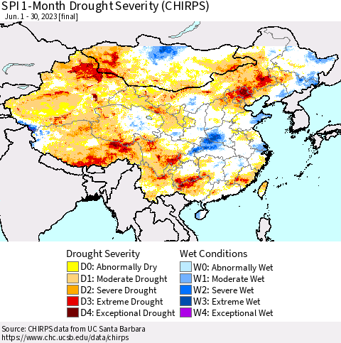 China, Mongolia and Taiwan SPI 1-Month Drought Severity (CHIRPS) Thematic Map For 6/1/2023 - 6/30/2023