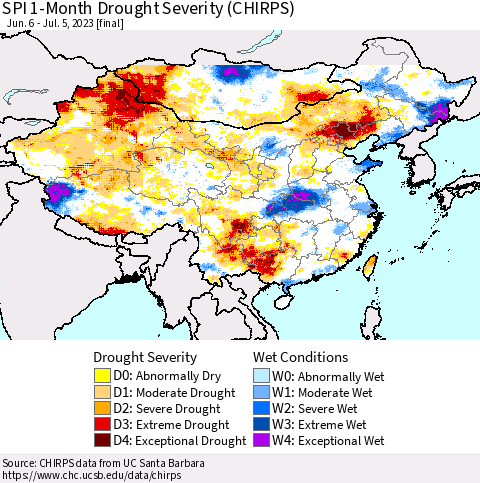 China, Mongolia and Taiwan SPI 1-Month Drought Severity (CHIRPS) Thematic Map For 6/6/2023 - 7/5/2023