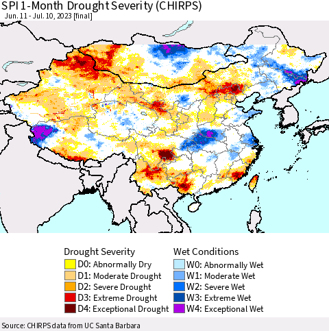 China, Mongolia and Taiwan SPI 1-Month Drought Severity (CHIRPS) Thematic Map For 6/11/2023 - 7/10/2023