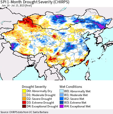 China, Mongolia and Taiwan SPI 1-Month Drought Severity (CHIRPS) Thematic Map For 6/16/2023 - 7/15/2023