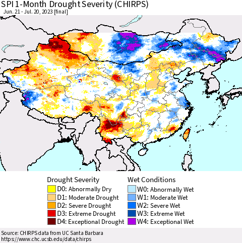 China, Mongolia and Taiwan SPI 1-Month Drought Severity (CHIRPS) Thematic Map For 6/21/2023 - 7/20/2023