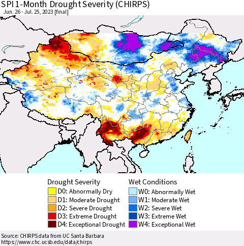 China, Mongolia and Taiwan SPI 1-Month Drought Severity (CHIRPS) Thematic Map For 6/26/2023 - 7/25/2023