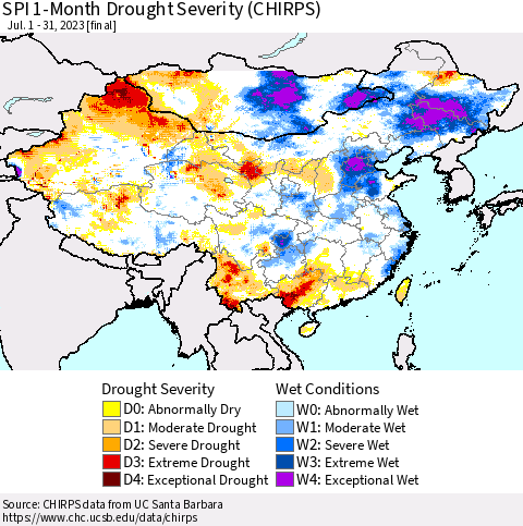 China, Mongolia and Taiwan SPI 1-Month Drought Severity (CHIRPS) Thematic Map For 7/1/2023 - 7/31/2023
