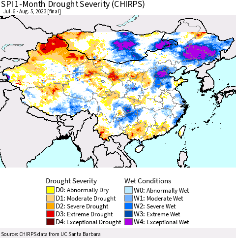 China, Mongolia and Taiwan SPI 1-Month Drought Severity (CHIRPS) Thematic Map For 7/6/2023 - 8/5/2023