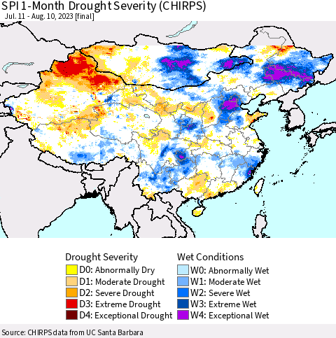 China, Mongolia and Taiwan SPI 1-Month Drought Severity (CHIRPS) Thematic Map For 7/11/2023 - 8/10/2023