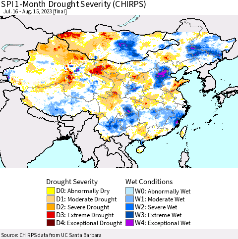 China, Mongolia and Taiwan SPI 1-Month Drought Severity (CHIRPS) Thematic Map For 7/16/2023 - 8/15/2023