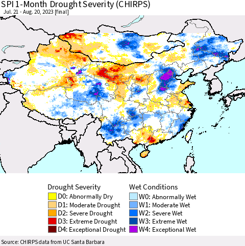 China, Mongolia and Taiwan SPI 1-Month Drought Severity (CHIRPS) Thematic Map For 7/21/2023 - 8/20/2023