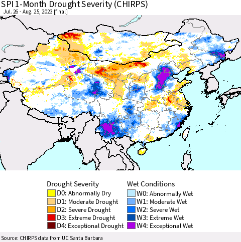 China, Mongolia and Taiwan SPI 1-Month Drought Severity (CHIRPS) Thematic Map For 7/26/2023 - 8/25/2023