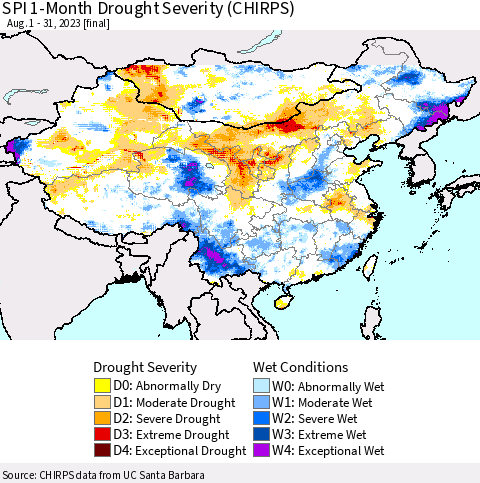 China, Mongolia and Taiwan SPI 1-Month Drought Severity (CHIRPS) Thematic Map For 8/1/2023 - 8/31/2023