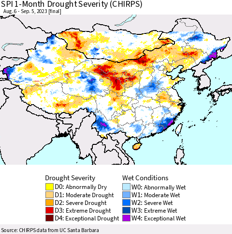 China, Mongolia and Taiwan SPI 1-Month Drought Severity (CHIRPS) Thematic Map For 8/6/2023 - 9/5/2023