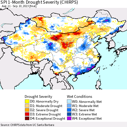 China, Mongolia and Taiwan SPI 1-Month Drought Severity (CHIRPS) Thematic Map For 8/11/2023 - 9/10/2023