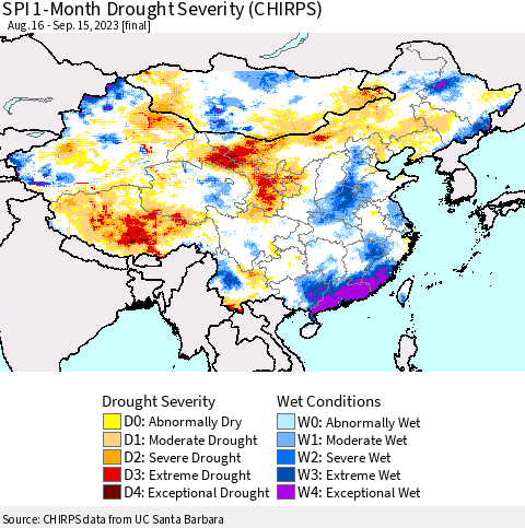 China, Mongolia and Taiwan SPI 1-Month Drought Severity (CHIRPS) Thematic Map For 8/16/2023 - 9/15/2023