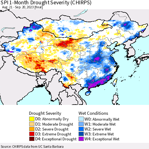 China, Mongolia and Taiwan SPI 1-Month Drought Severity (CHIRPS) Thematic Map For 8/21/2023 - 9/20/2023