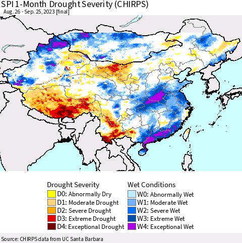 China, Mongolia and Taiwan SPI 1-Month Drought Severity (CHIRPS) Thematic Map For 8/26/2023 - 9/25/2023