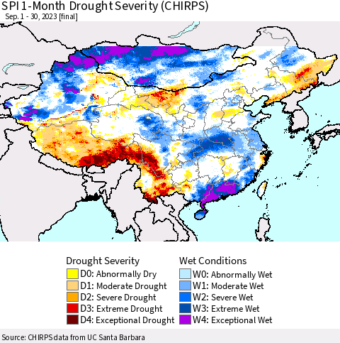 China, Mongolia and Taiwan SPI 1-Month Drought Severity (CHIRPS) Thematic Map For 9/1/2023 - 9/30/2023