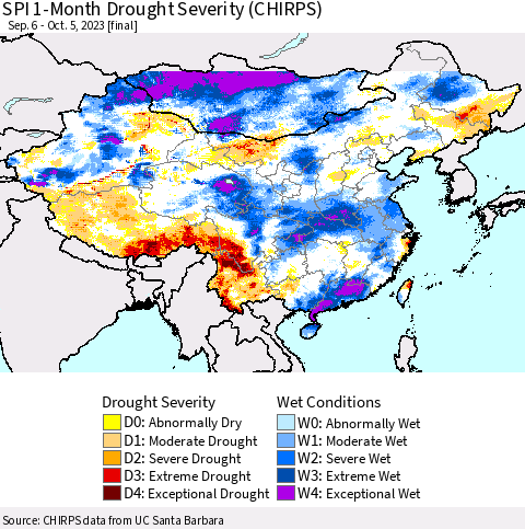 China, Mongolia and Taiwan SPI 1-Month Drought Severity (CHIRPS) Thematic Map For 9/6/2023 - 10/5/2023