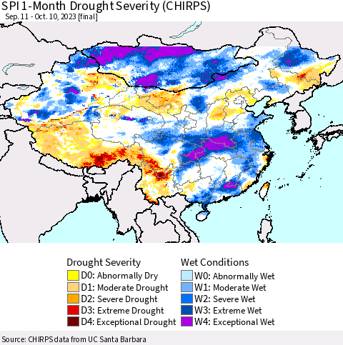 China, Mongolia and Taiwan SPI 1-Month Drought Severity (CHIRPS) Thematic Map For 9/11/2023 - 10/10/2023
