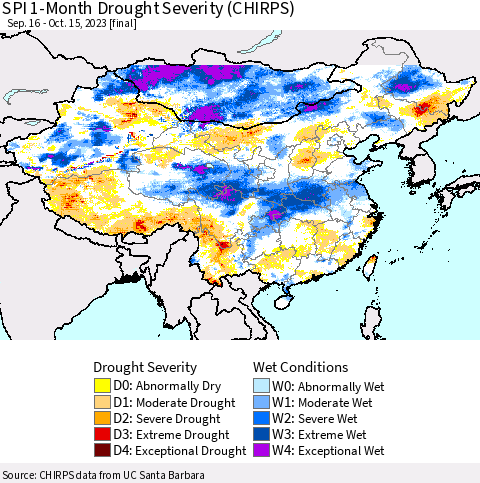 China, Mongolia and Taiwan SPI 1-Month Drought Severity (CHIRPS) Thematic Map For 9/16/2023 - 10/15/2023