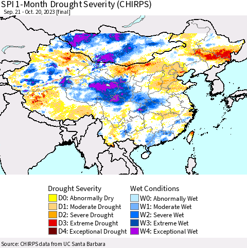 China, Mongolia and Taiwan SPI 1-Month Drought Severity (CHIRPS) Thematic Map For 9/21/2023 - 10/20/2023